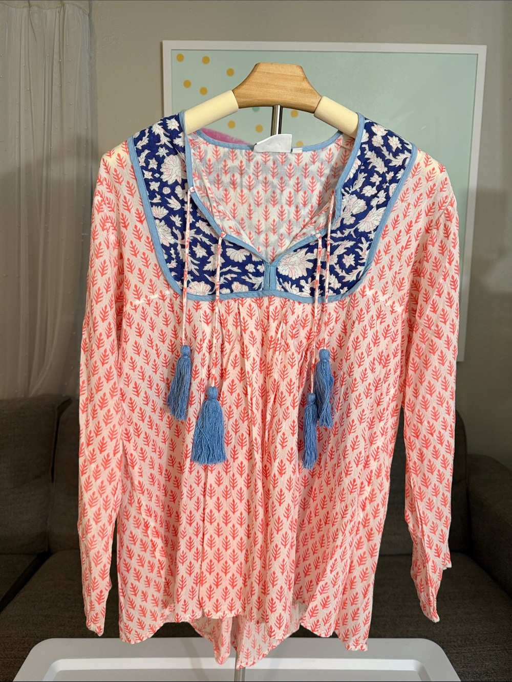 ZZs Coral Printed Long-Sleeve Tunic with Blue Embroidered Yoke